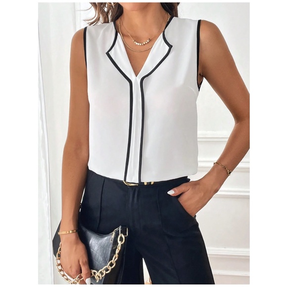 White Blouse Black Trim V-Neck Sleeveless Blouse Office Top Shirt - Picture 2 of 7